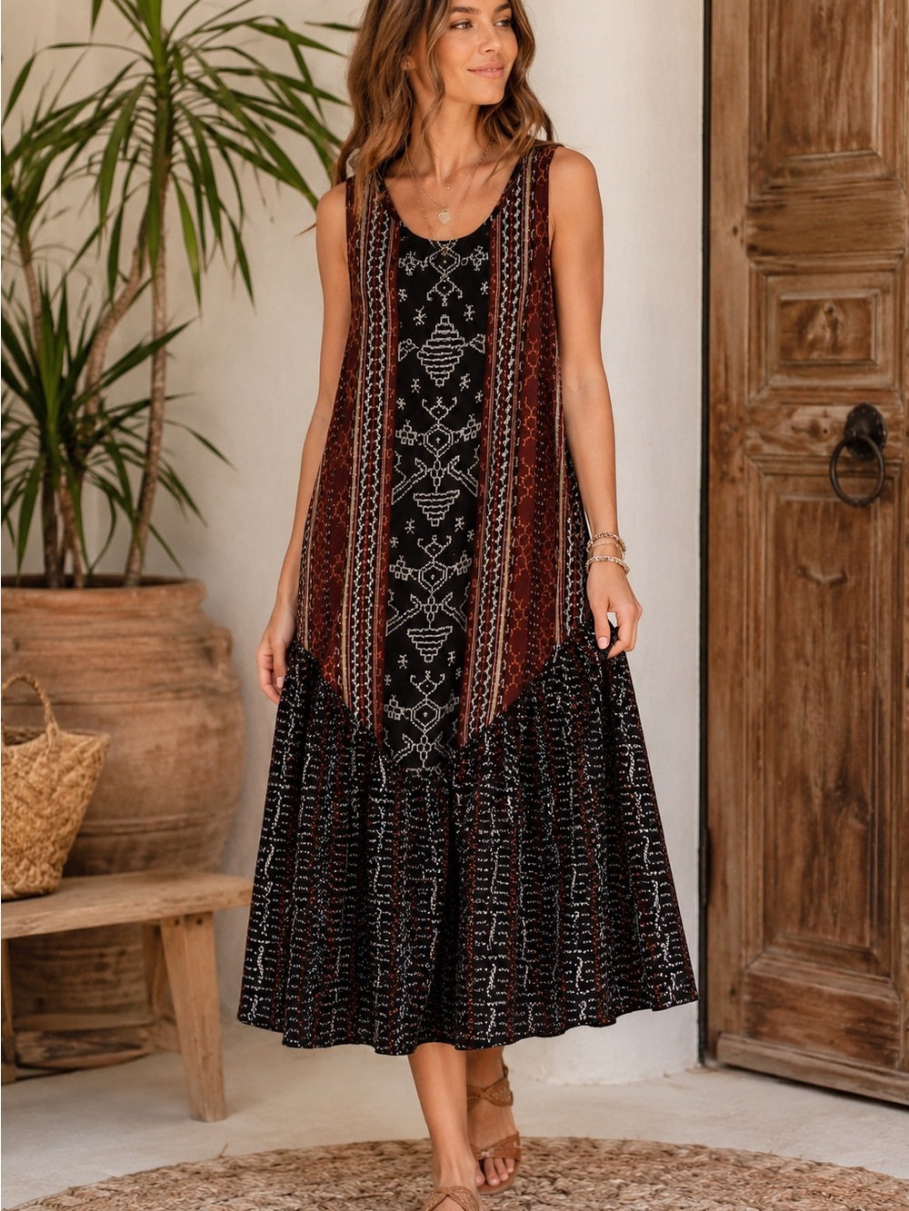 Kusnadi Handcrafted Batik Rayon Sleeveless Boho Midi Dress Black Brown